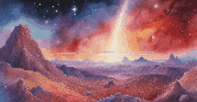 A cosmic landscape depicting the electromagnetic spectrum with a telescope in the foreground and colorful galaxies in the background.