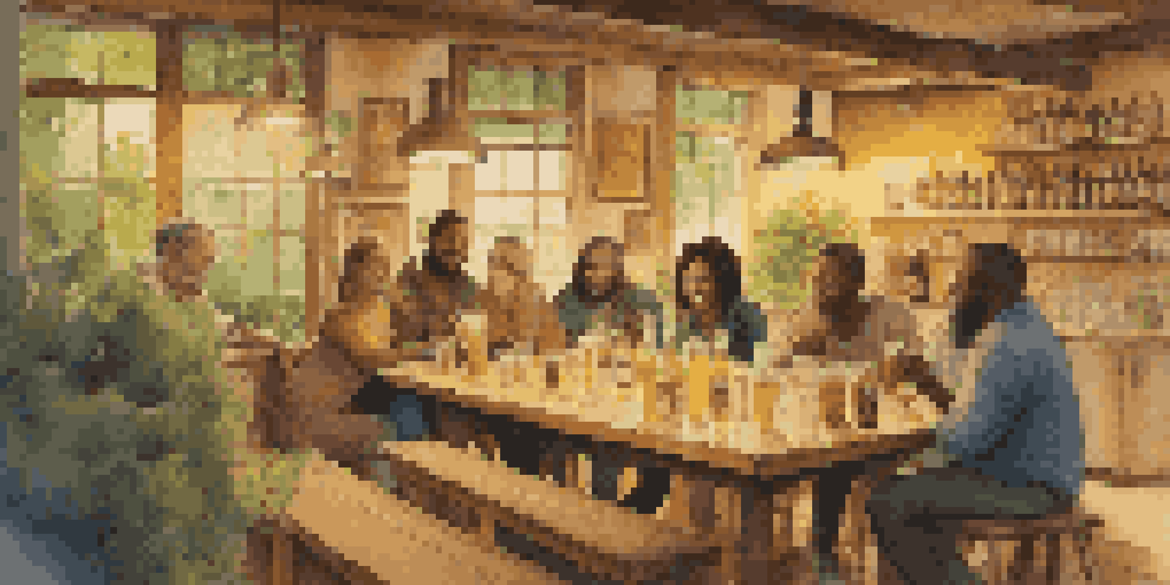 A group of diverse individuals enjoying a home brewing club meeting around a wooden table filled with beer bottles and glasses, warmly lit with soft lighting.