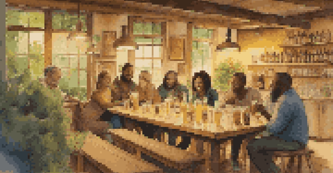 A group of diverse individuals enjoying a home brewing club meeting around a wooden table filled with beer bottles and glasses, warmly lit with soft lighting.