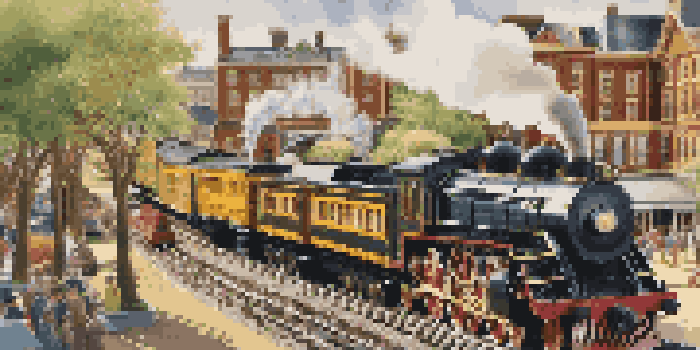 A colorful model railroad scene with steam locomotives and a detailed landscape, illuminated by warm sunlight.