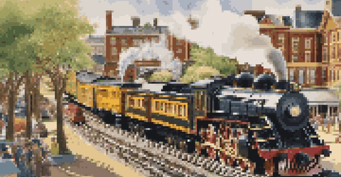 A colorful model railroad scene with steam locomotives and a detailed landscape, illuminated by warm sunlight.