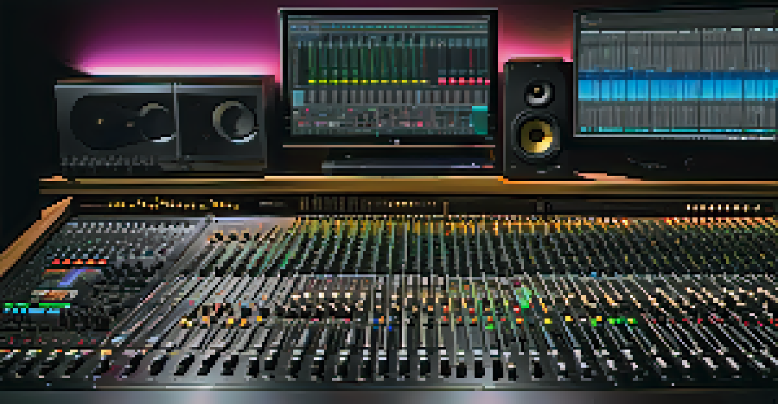 A close-up of a vibrant mixing console in a home studio with LED lights and various music production equipment.