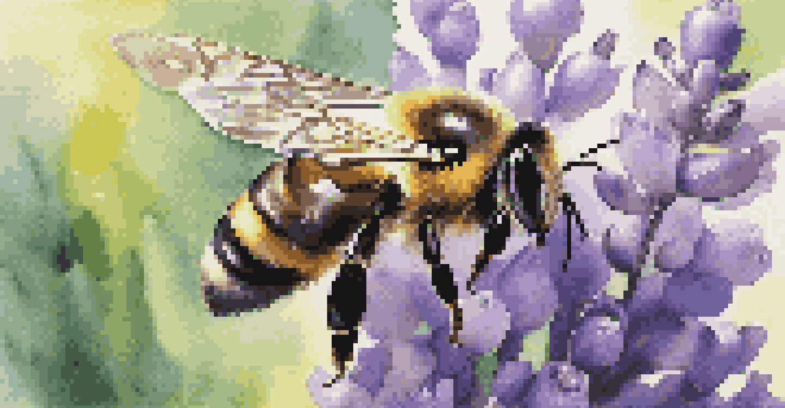 A close-up of a bee hovering over a lavender flower, showcasing the details of the bee and flower.
