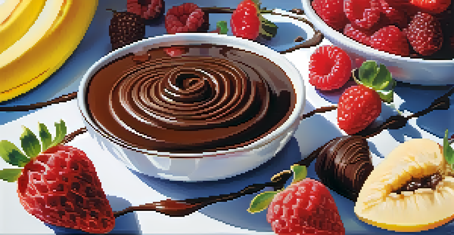 Fresh fruits drizzled with glossy chocolate on a white plate, featuring strawberries, raspberries, and bananas, illuminated by natural light.