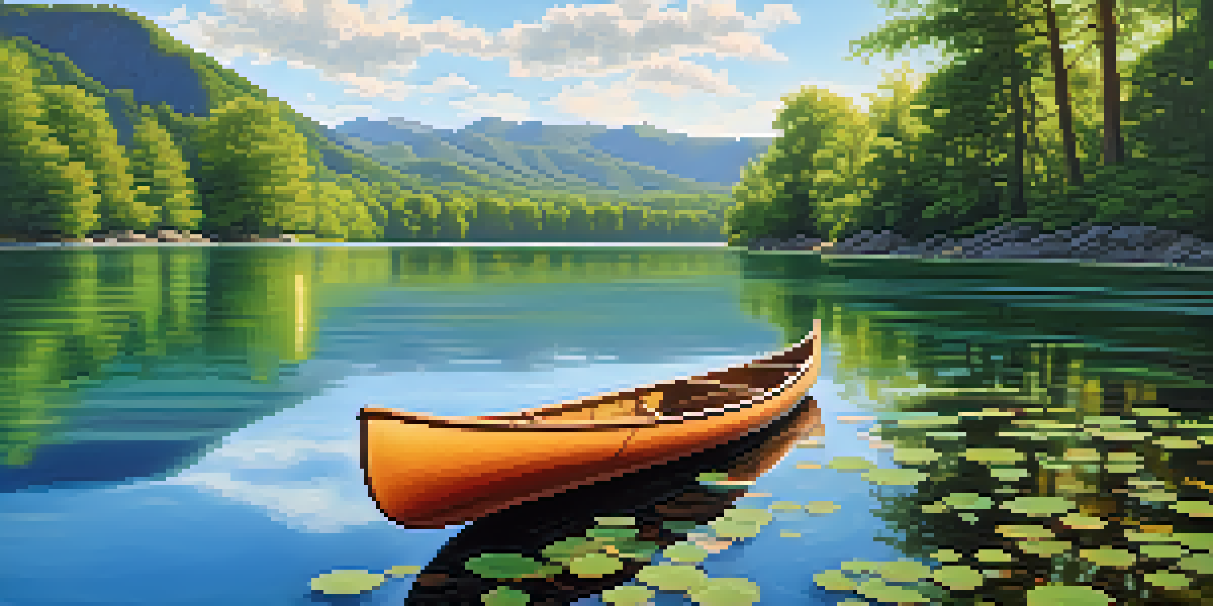 A peaceful lake surrounded by green mountains, a canoe floating on the water, with sunlight filtering through the trees.