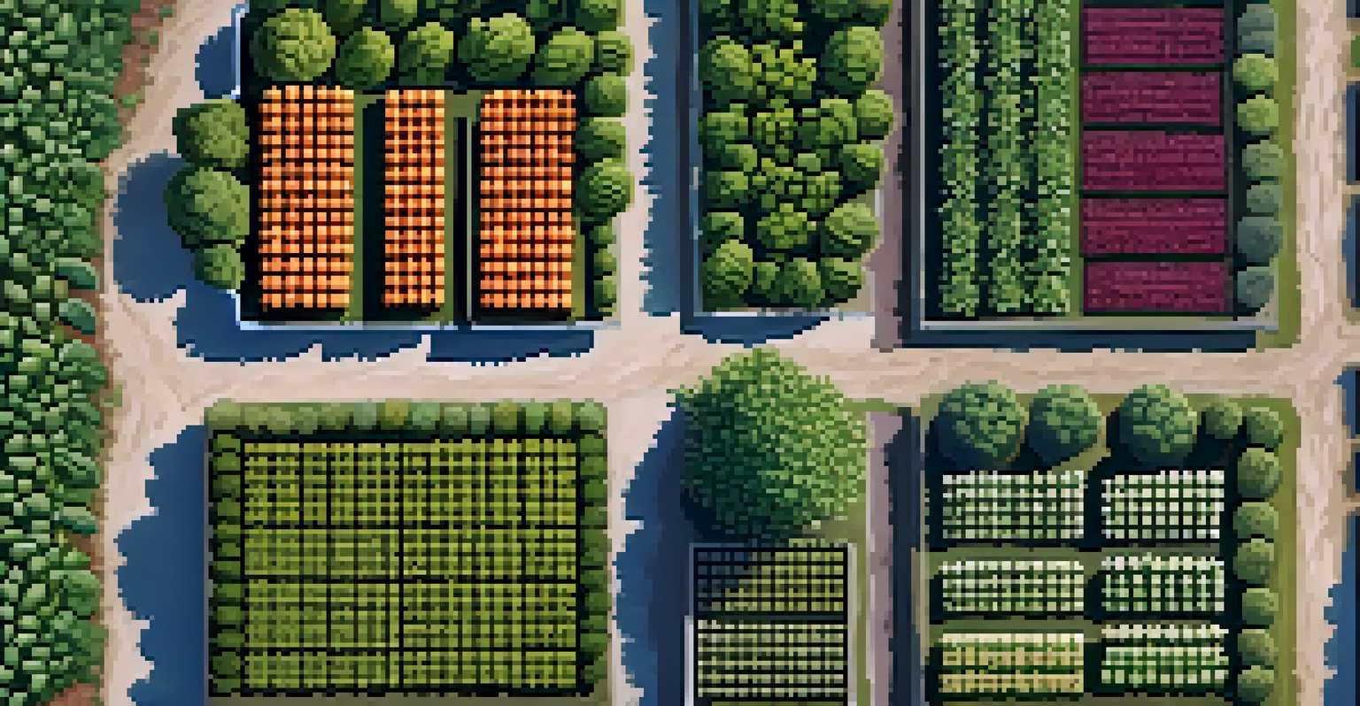 An aerial view of a garden with organized sections for different crops, showcasing their colors and health.