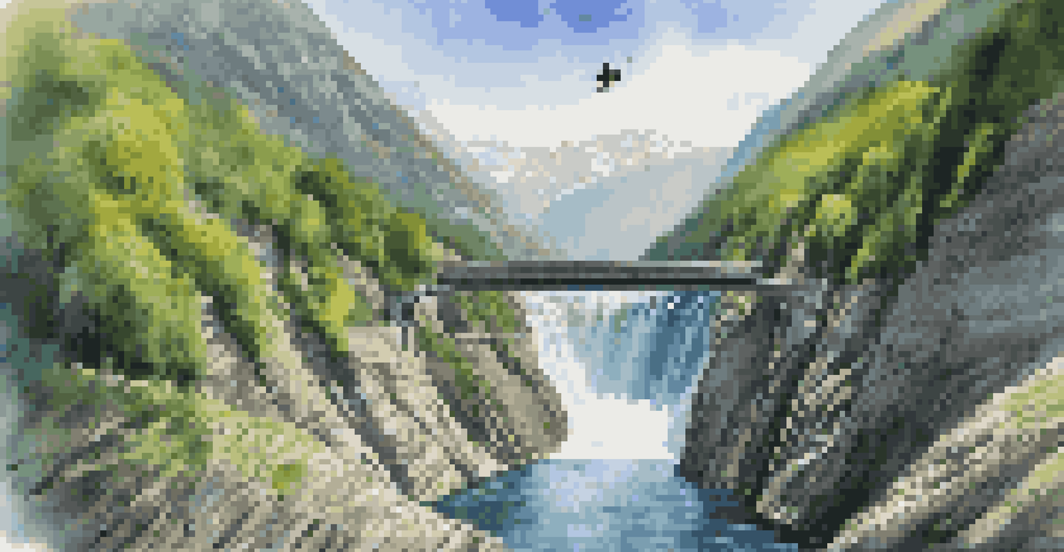 A jumper stands at the edge of Verzasca Dam, with mountains and a clear blue sky in the background, ready to leap into the air.