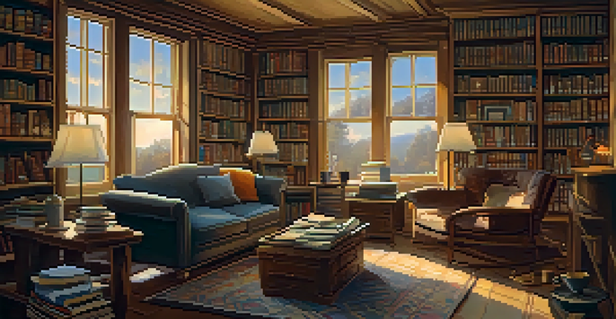 A cozy study room with bookshelves, a wooden desk with an open crossword puzzle, and a steaming cup of coffee.