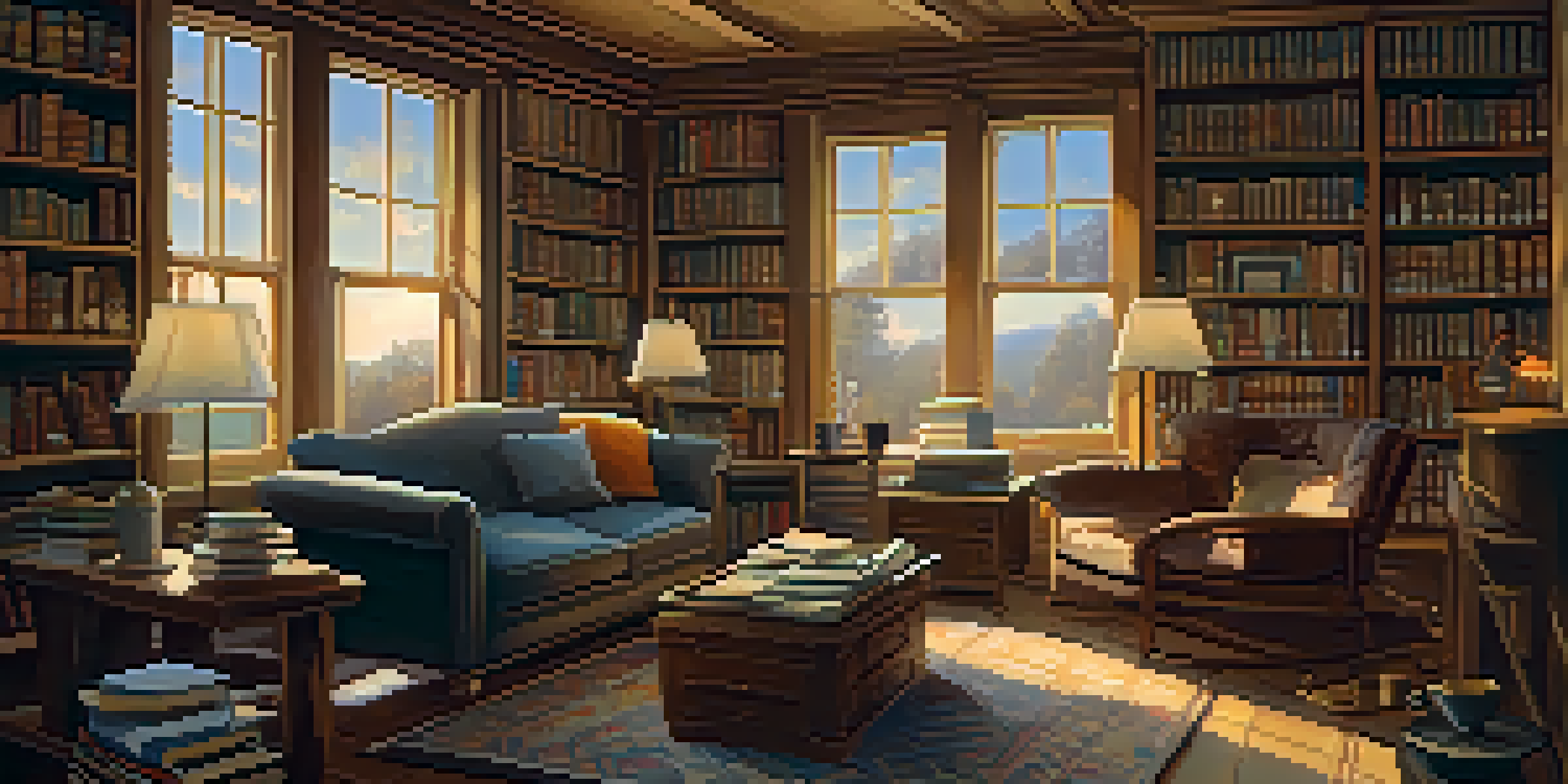 A cozy study room with bookshelves, a wooden desk with an open crossword puzzle, and a steaming cup of coffee.