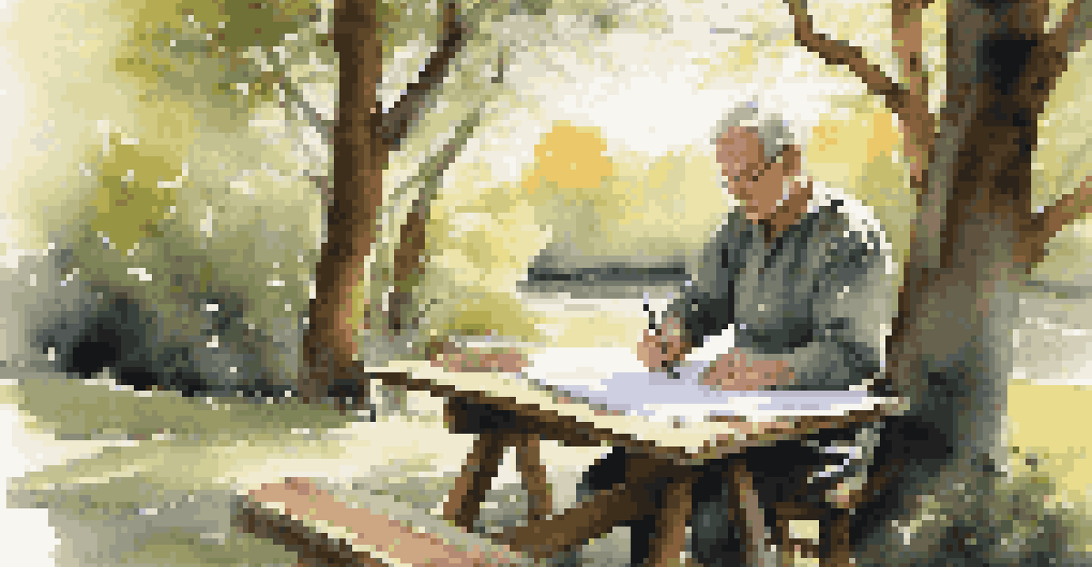 An artist practicing calligraphy outdoors at a rustic table with a natural landscape behind.