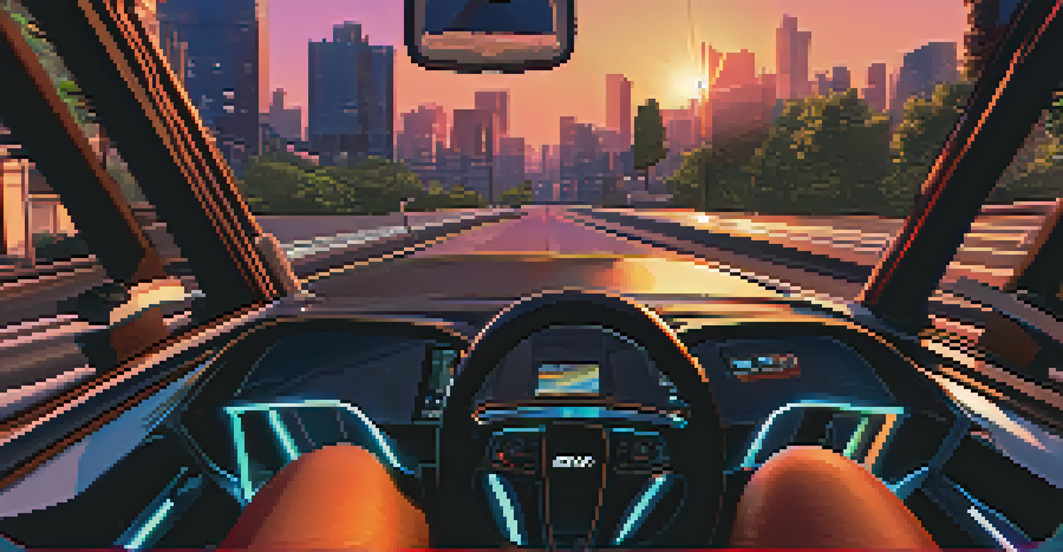 A learner in a VR driving simulator with a virtual cityscape visible through the windshield.
