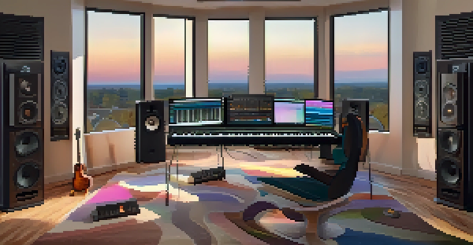 A cozy home music studio with a digital audio workstation and various musical instruments, well-lit with natural light.