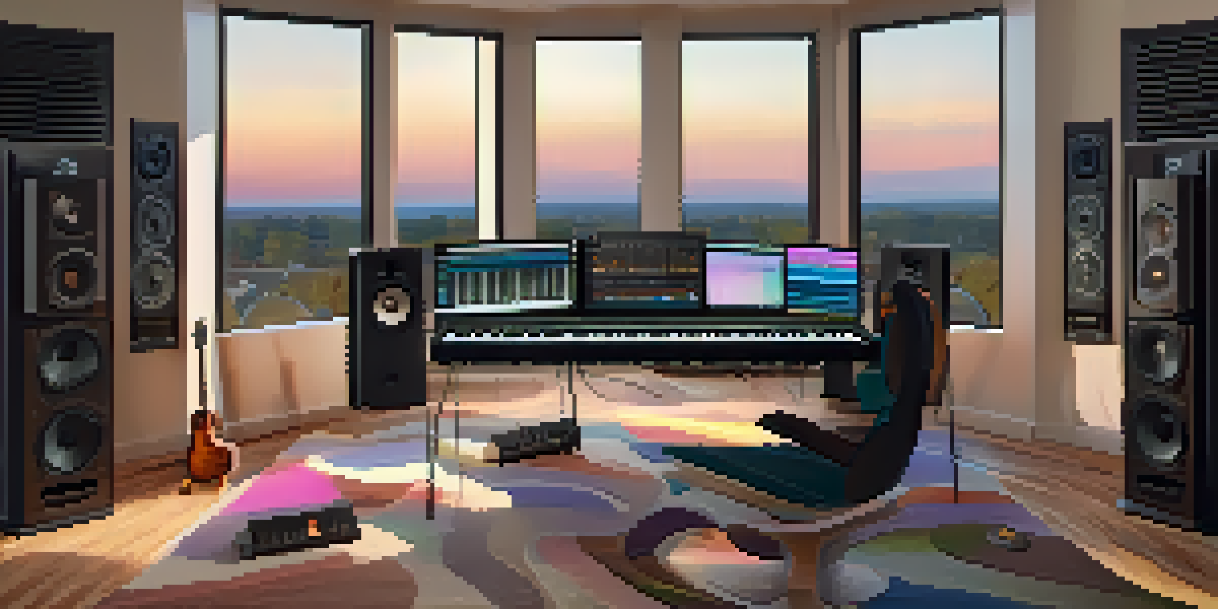 A cozy home music studio with a digital audio workstation and various musical instruments, well-lit with natural light.