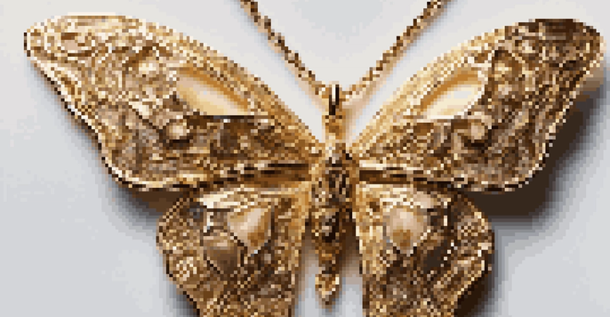 A detailed view of a gold butterfly pendant on a velvet surface, illuminated by soft lighting.