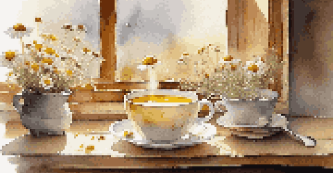 A cozy kitchen with a steaming cup of chamomile infusion on a wooden table, surrounded by dried chamomile flowers and a notebook.