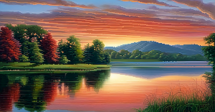 A serene landscape with a tranquil lake reflecting a sunset of warm oranges and reds, surrounded by lush green trees.