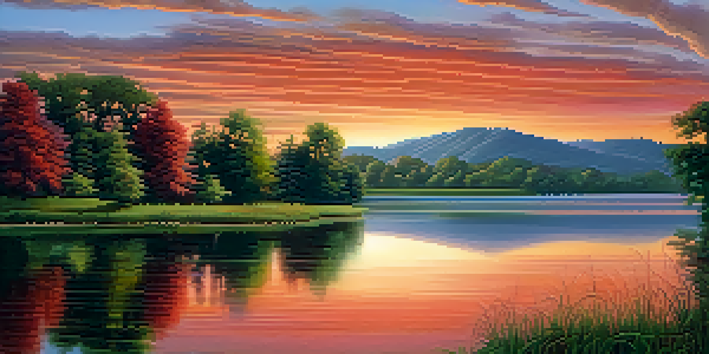 A serene landscape with a tranquil lake reflecting a sunset of warm oranges and reds, surrounded by lush green trees.