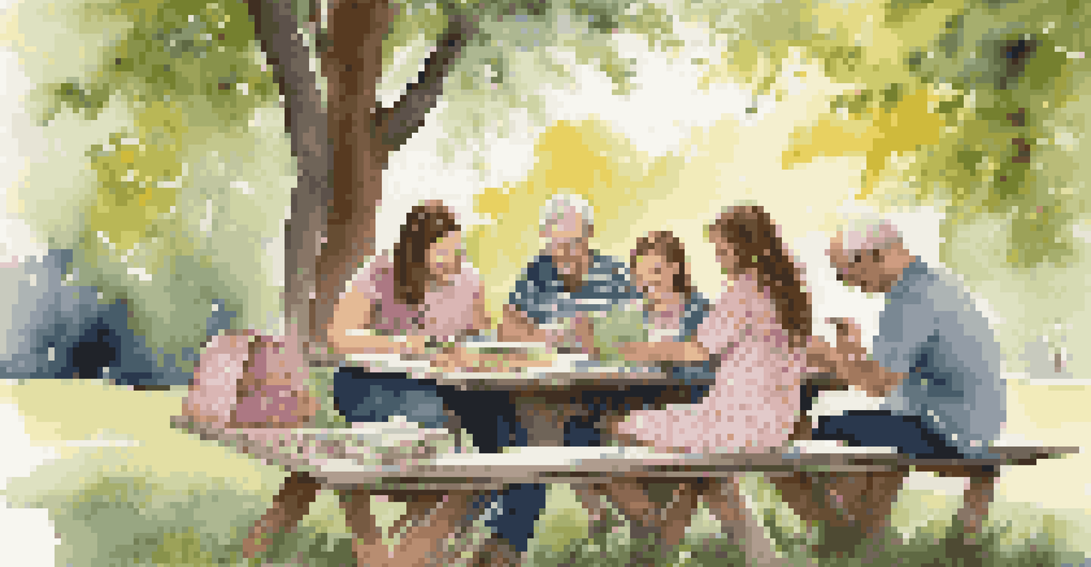 A family enjoying a picnic in a park, each writing in their travel journals, surrounded by nature and flowers.