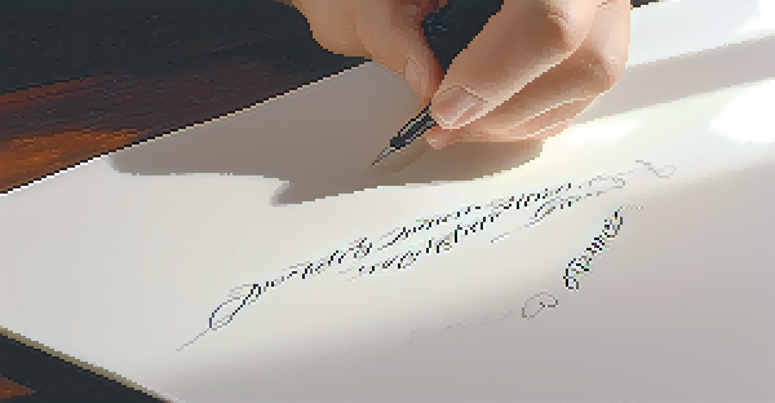 A close-up of a hand practicing calligraphy with a brush pen on textured paper.