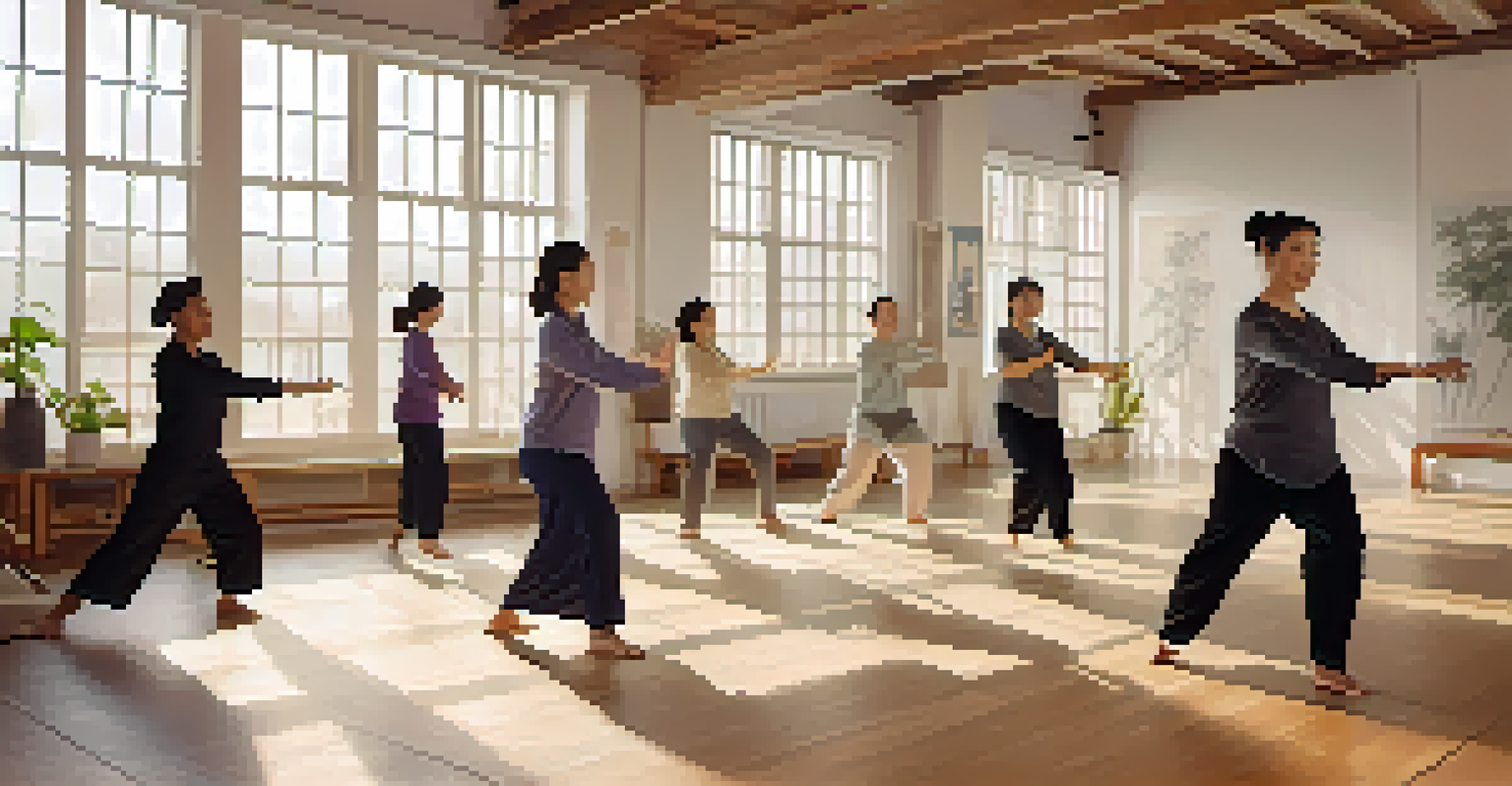 An indoor Tai Chi class with an instructor demonstrating a pose, surrounded by students in a bright studio with large windows.