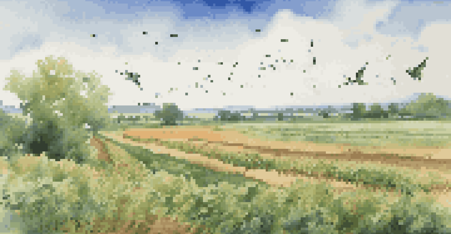 Sparrows and swallows flying over a green farmer's field, helping to control pests.
