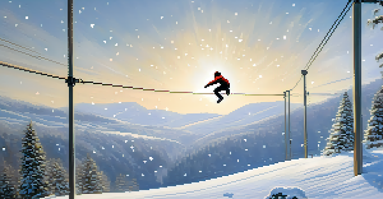 A bungee jumper jumps off a snowy platform surrounded by a winter landscape.