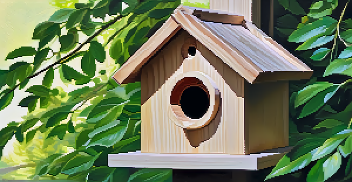 A colorful birdhouse made of cedar wood surrounded by green leaves, with sunlight shining through the trees.