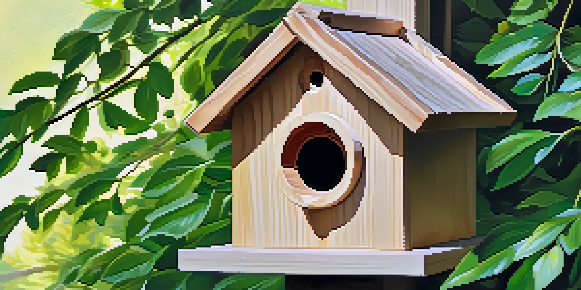 A colorful birdhouse made of cedar wood surrounded by green leaves, with sunlight shining through the trees.