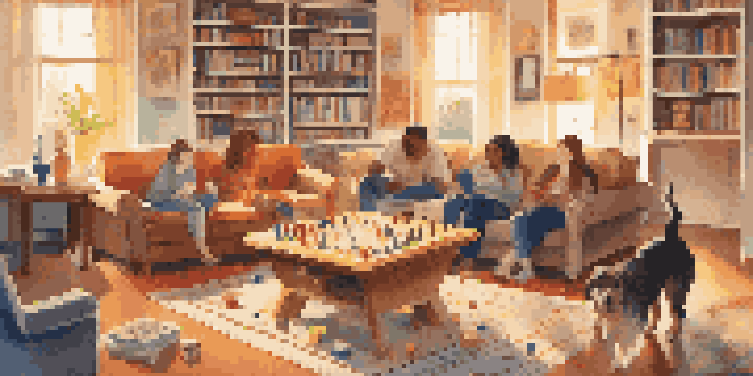 A family gathered around a coffee table, playing board games in a warmly lit living room, with a dog on the carpet.