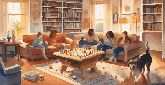 A family gathered around a coffee table, playing board games in a warmly lit living room, with a dog on the carpet.