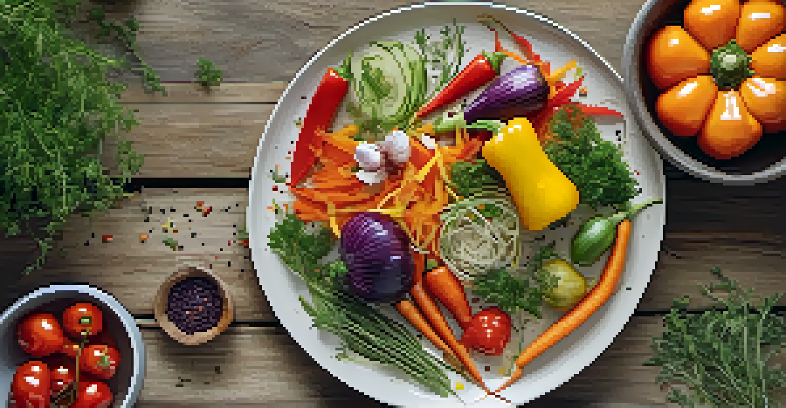 An overhead view of a plate with artistically arranged precision-cut vegetables on a wooden table.