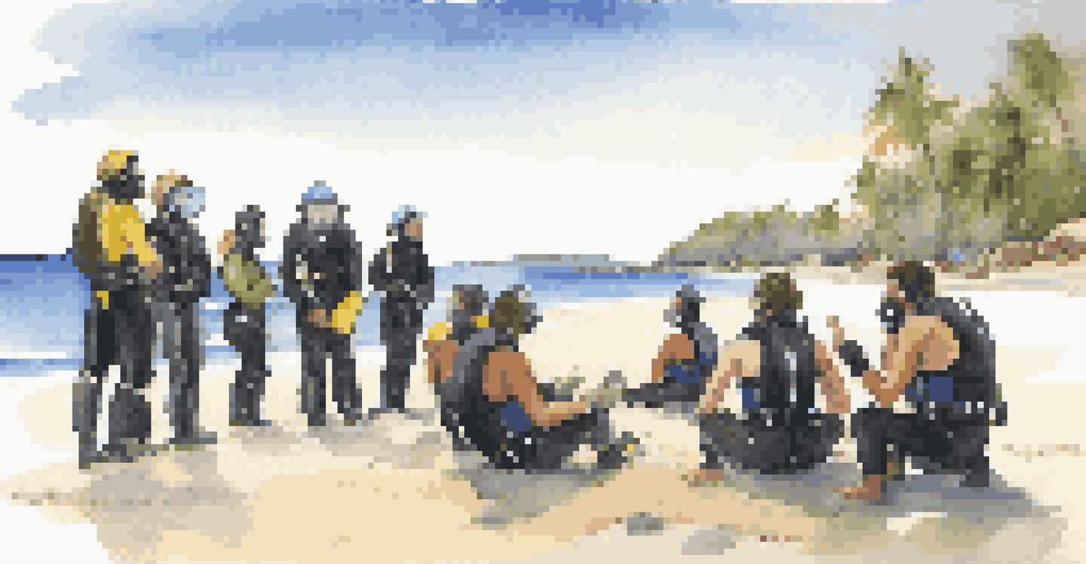 A diverse group of scuba divers listening to a safety briefing by a dive operator on the beach.