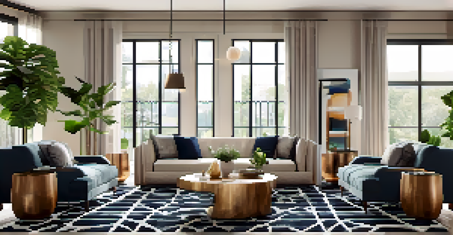 A finished area rug with a geometric pattern in a stylish living room, surrounded by a sofa and plants.