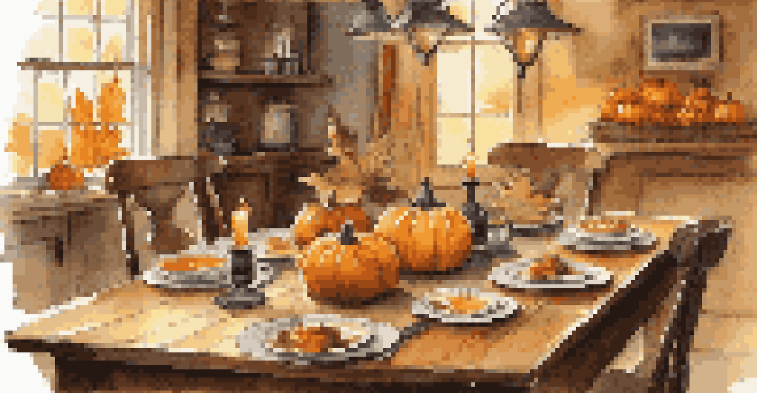 A rustic dining table with autumn dishes, roasted squash soup, and pumpkin ale, all set in a warm, candlelit atmosphere.