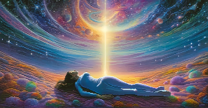 A person floating above their sleeping body in a cosmic landscape of vibrant colors and stars.