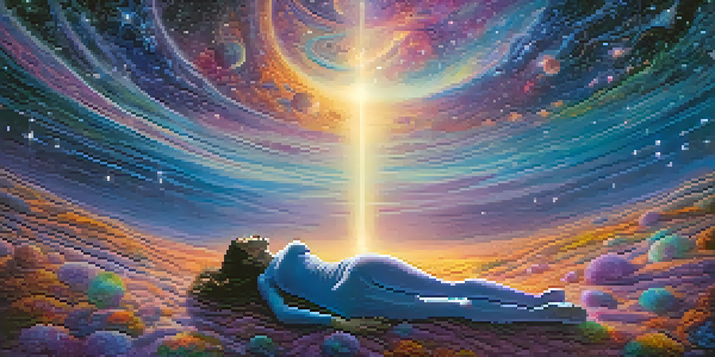 A person floating above their sleeping body in a cosmic landscape of vibrant colors and stars.