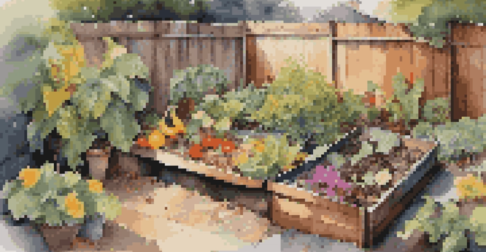 A small garden featuring a compost bin filled with colorful organic waste, with sunlight shining through the leaves and bees around flowers.