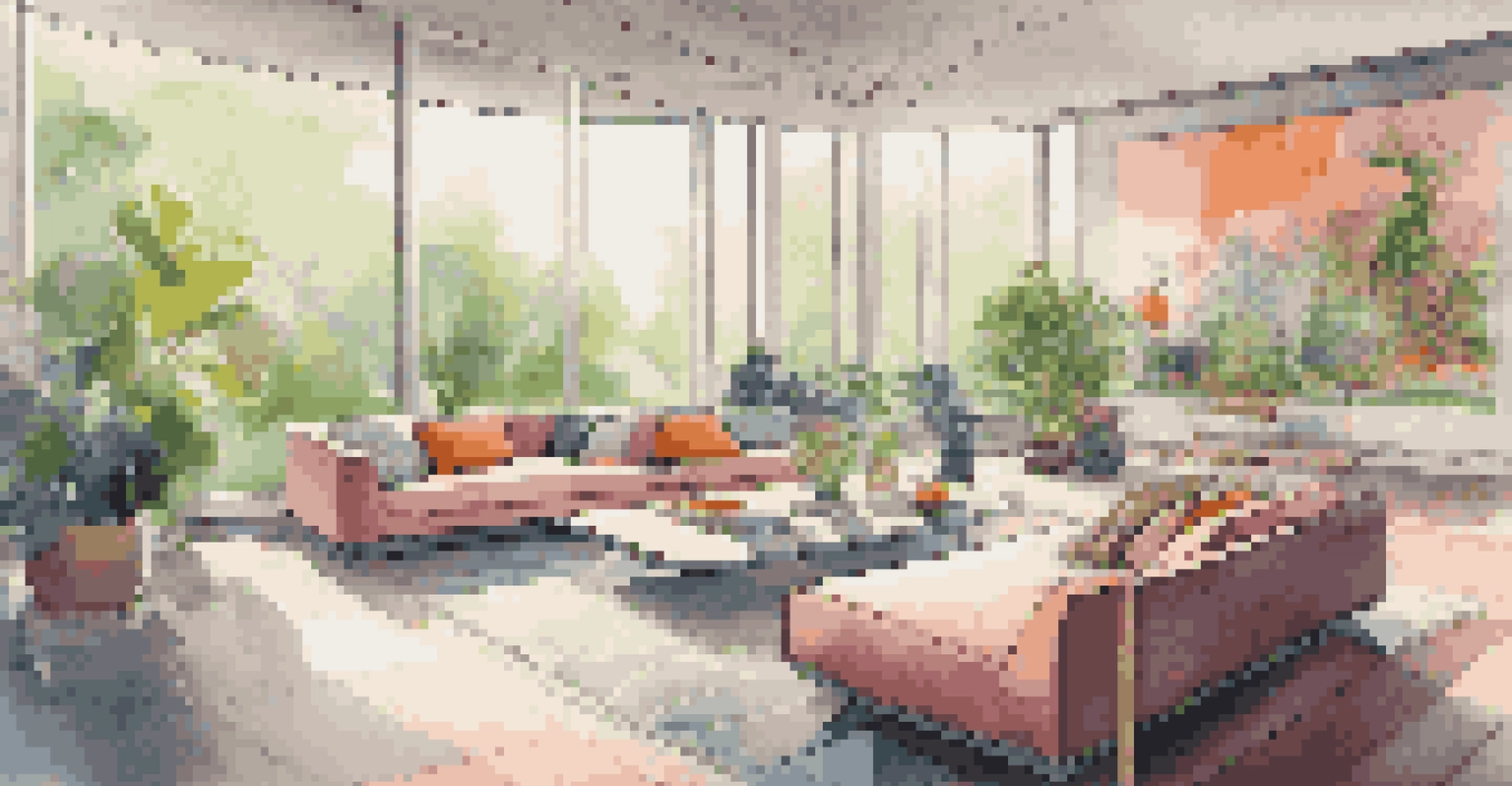 A futuristic living room designed in virtual reality with modern furniture and a garden view.