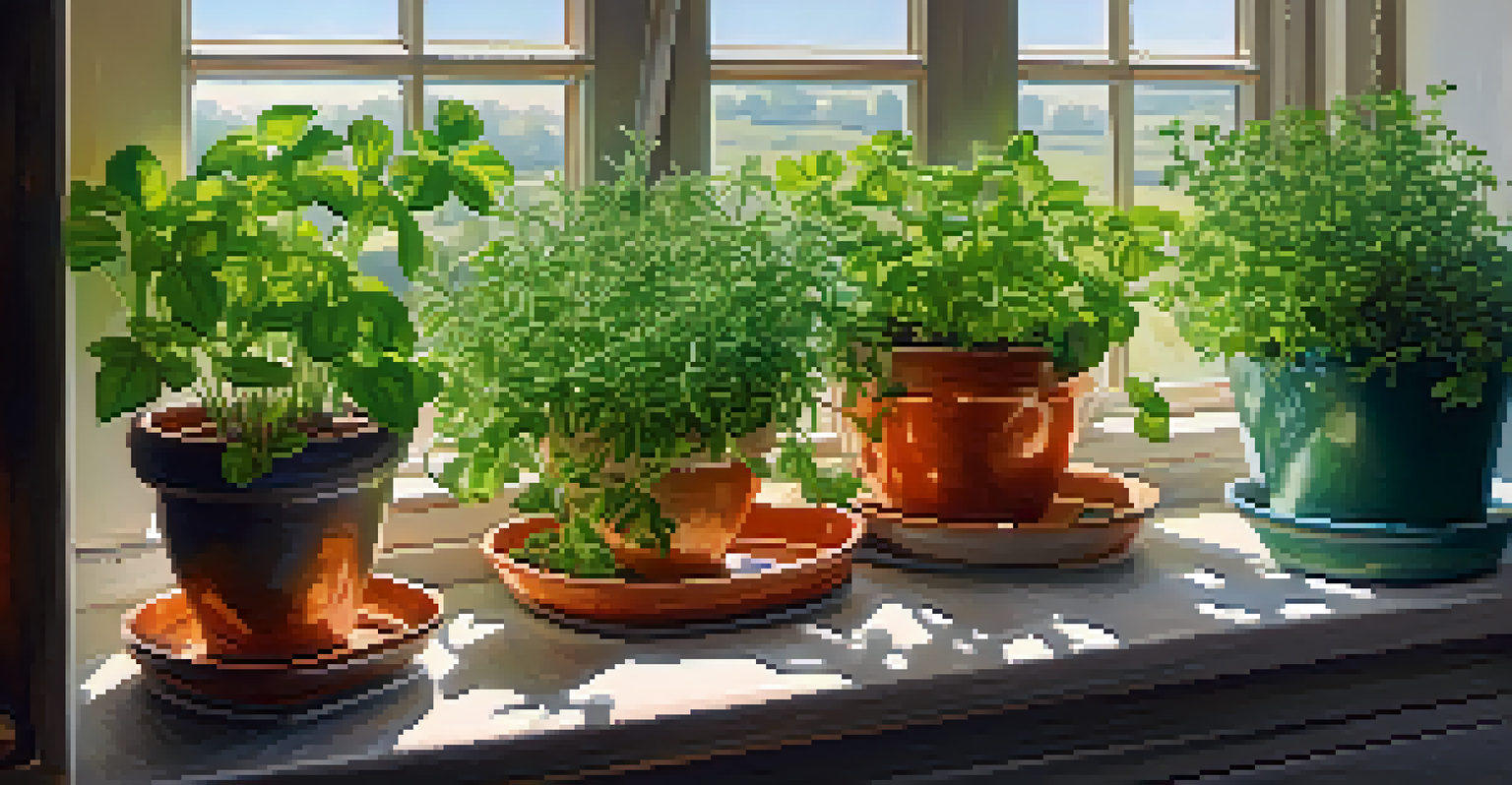 An indoor kitchen with colorful pots of basil, chives, and mint on the windowsill, illuminated by sunlight.