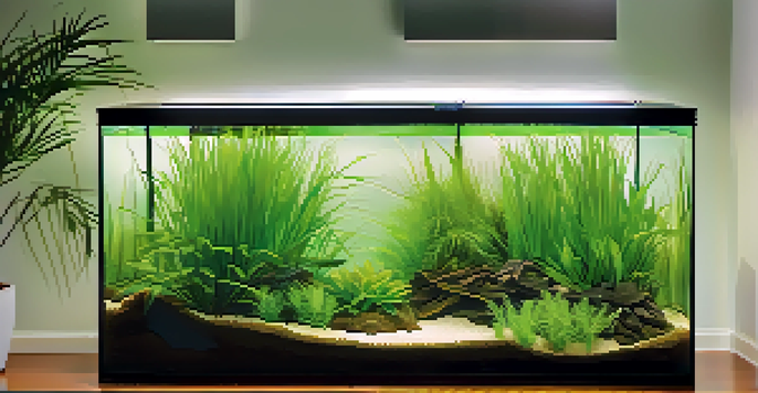 An aquarium with layered plants, including tall Vallisneria at the back, mid-height Cryptocoryne in the center, and dwarf hairgrass in the foreground, all illuminated by warm lighting.