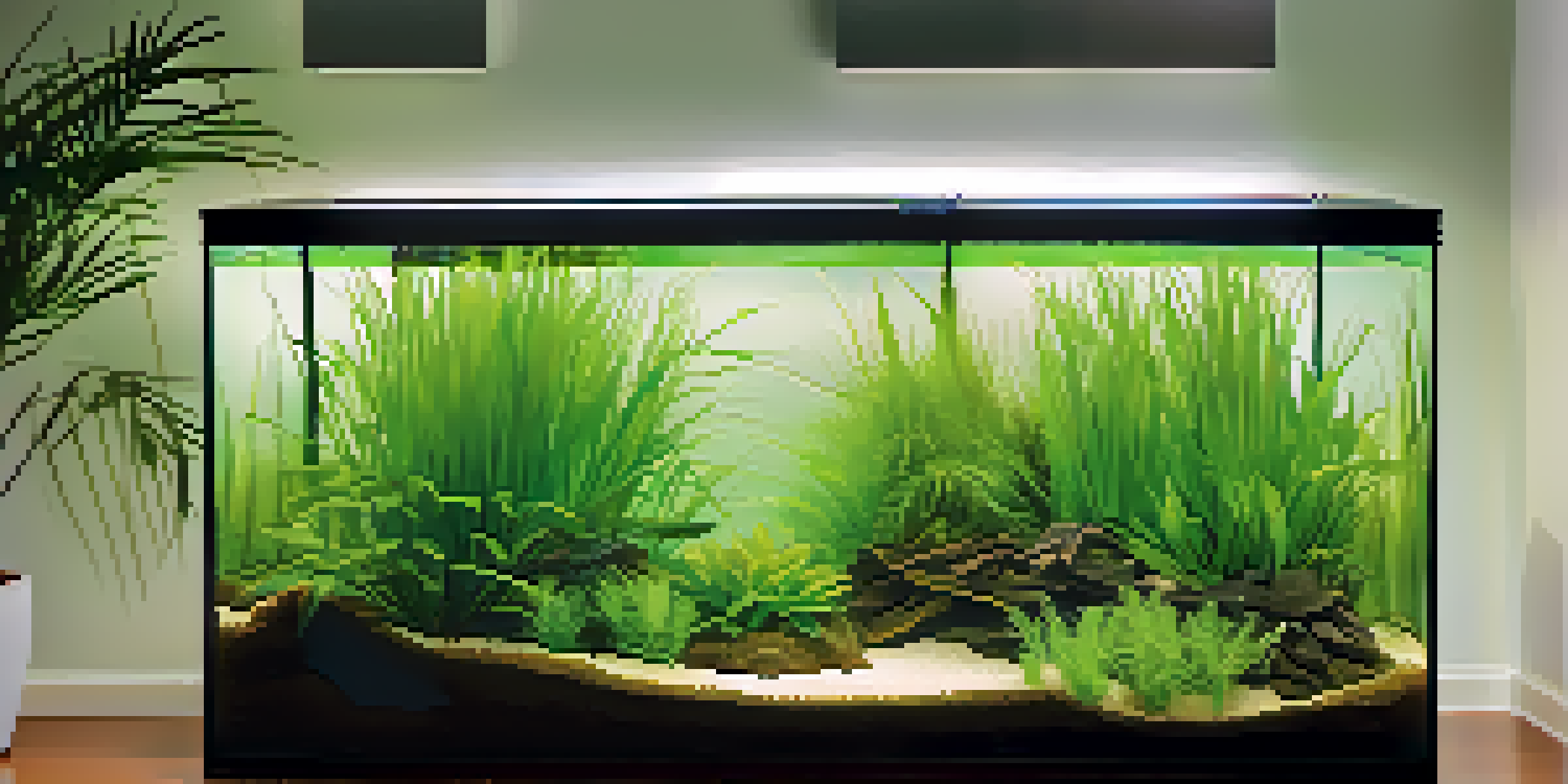 An aquarium with layered plants, including tall Vallisneria at the back, mid-height Cryptocoryne in the center, and dwarf hairgrass in the foreground, all illuminated by warm lighting.