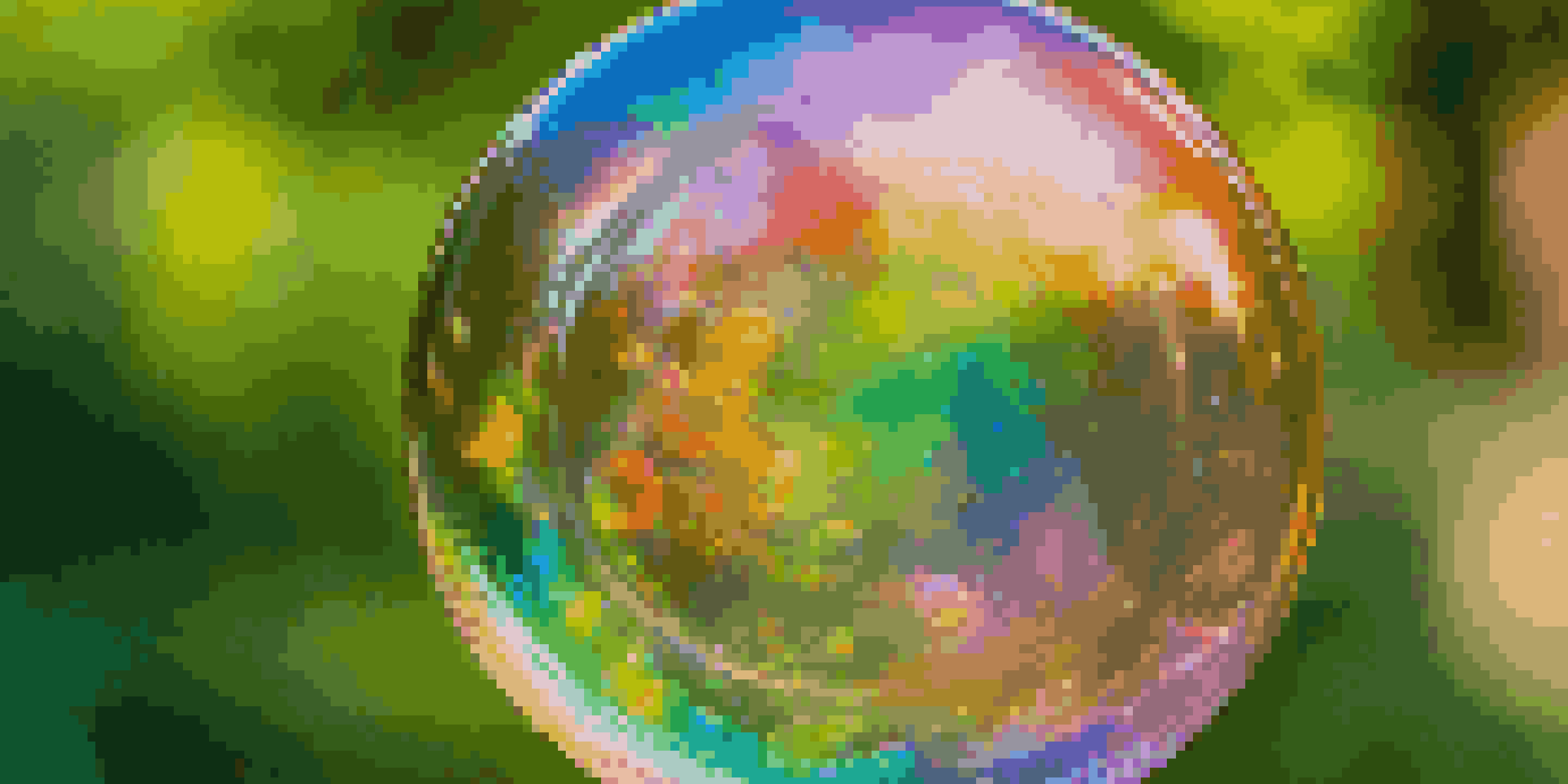 A colorful soap bubble floating in a garden, reflecting sunlight and showing intricate patterns.