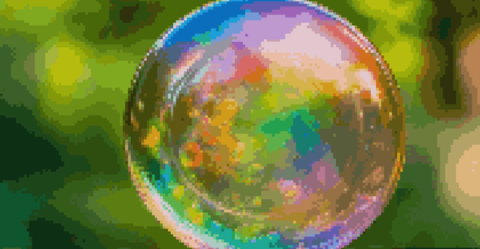 A colorful soap bubble floating in a garden, reflecting sunlight and showing intricate patterns.