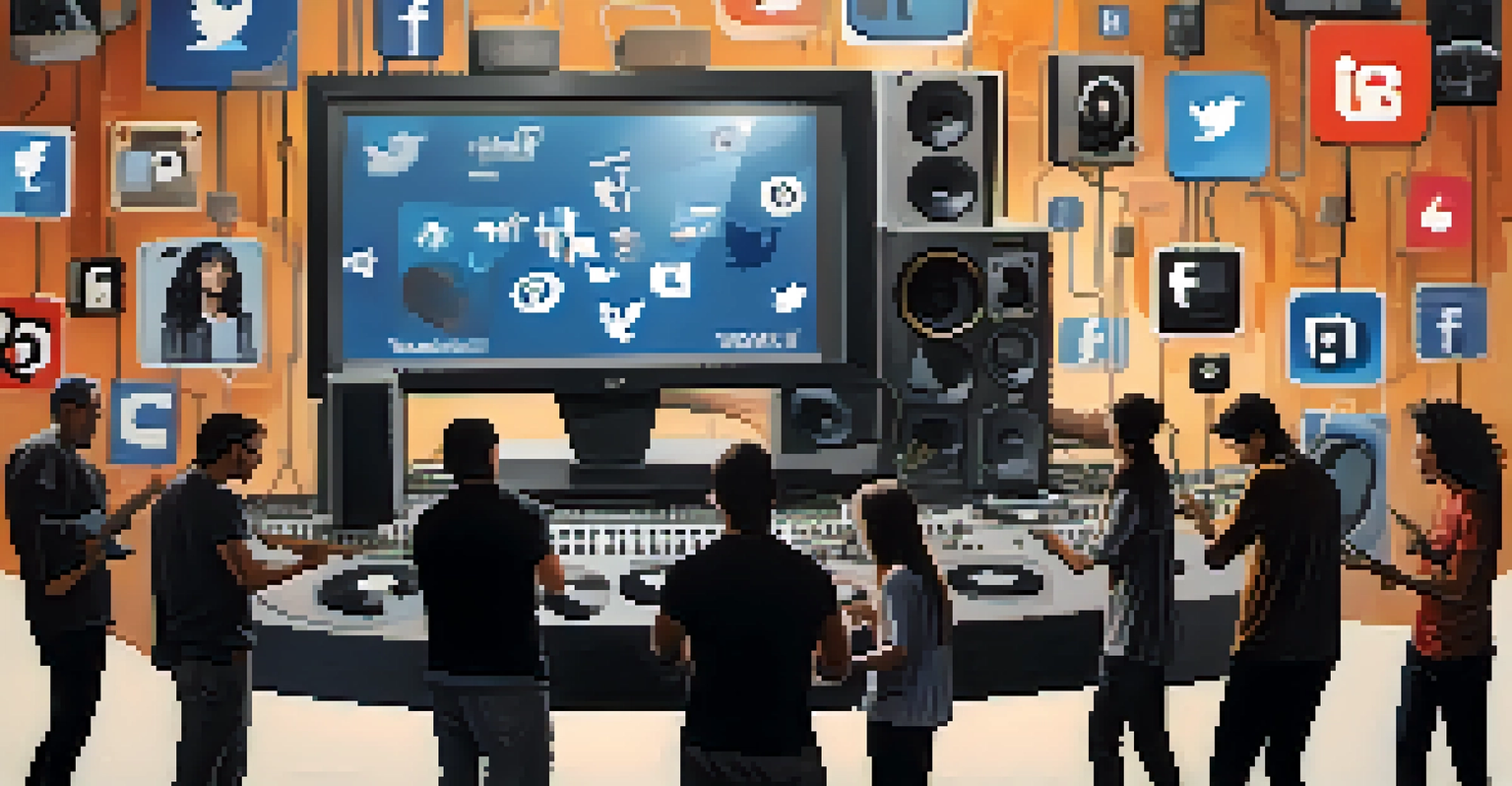 A musician engaging with fans on social media, surrounded by screens and music notes, showcasing technology's impact on music promotion.