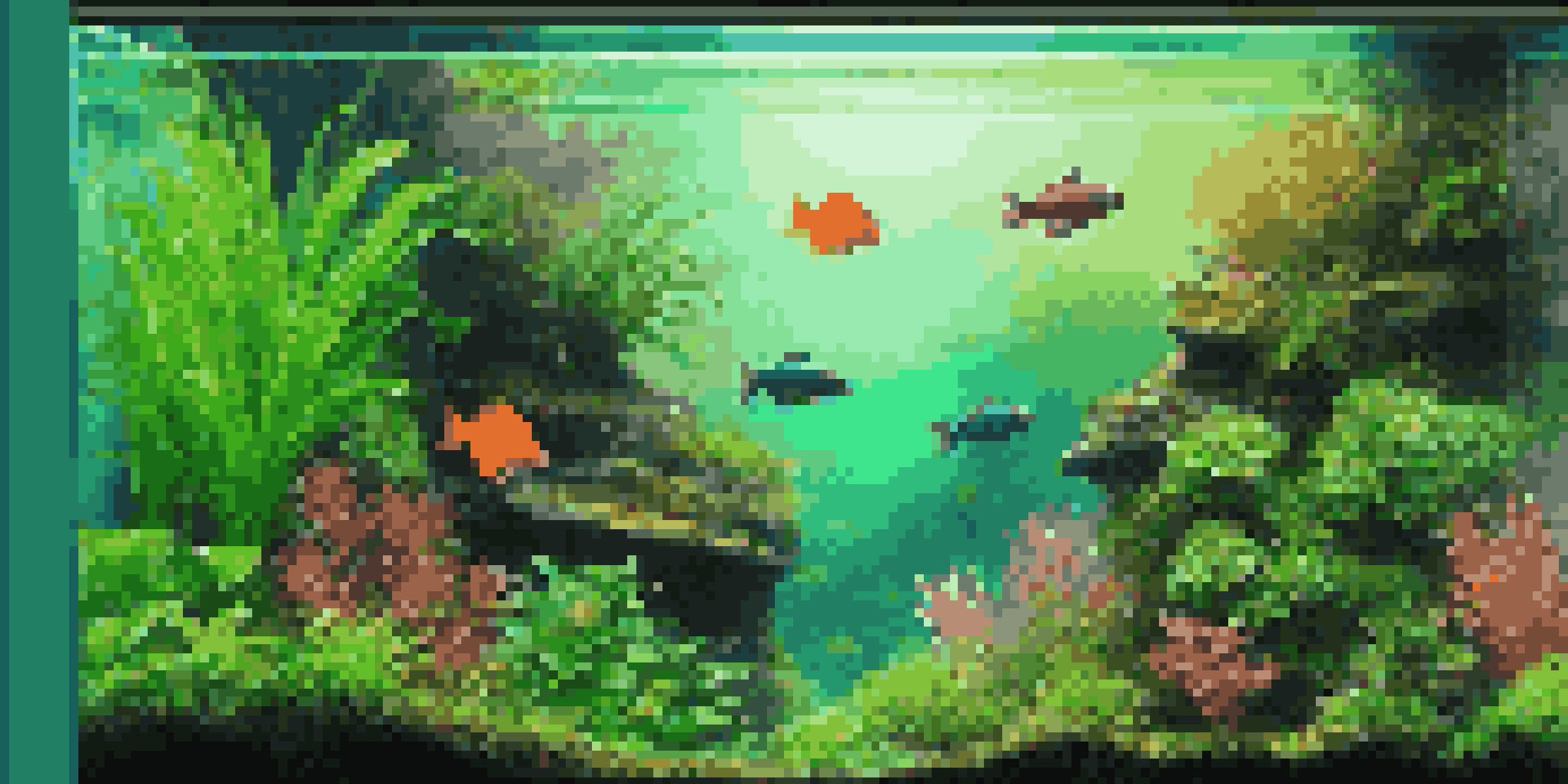 An aquarium showcasing a vibrant underwater landscape with green plants, rocks, and colorful fish, illuminated by soft lighting.