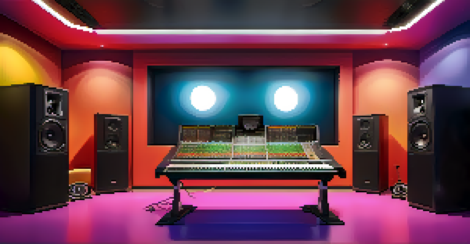 A modern recording studio equipped with advanced technology, soundproof panels, and colorful LED lights, providing a creative space for music production.