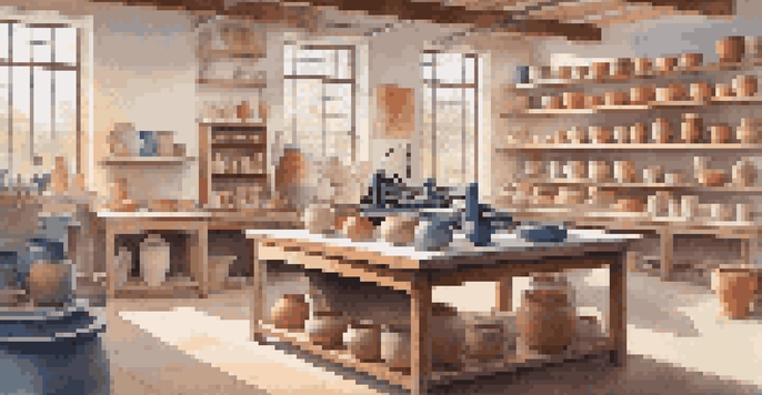 A modern pottery studio with a 3D printer creating a ceramic piece, surrounded by tools and finished pottery.