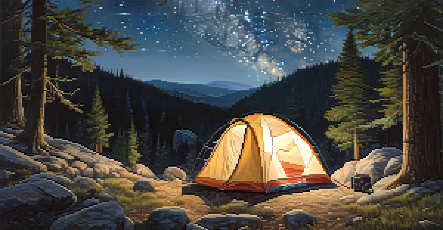 A camper examining a map and compass under a starry sky, highlighted by the Big Dipper constellation and surrounded by dark tree silhouettes.