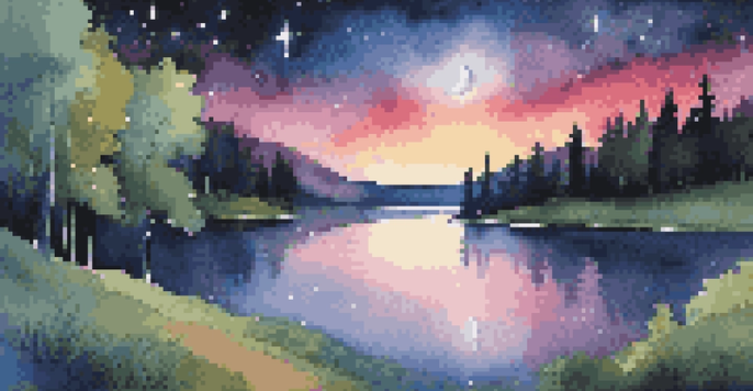 A tranquil night landscape with a galaxy and shooting stars above a calm lake, surrounded by trees.