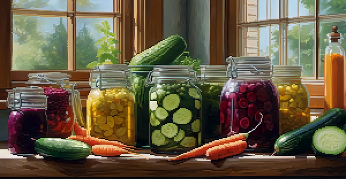 A rustic kitchen countertop with jars of colorful pickles and an assortment of spices, illuminated by soft natural light.